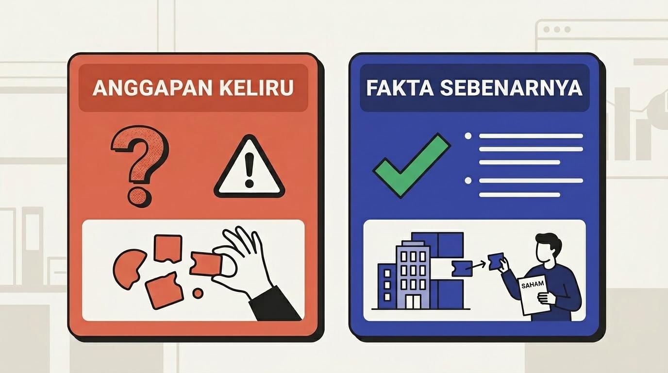 Ilustrasi pasangan kartu anggapan dan fakta bertema dasar saham dengan warna bone-white dan charcoal