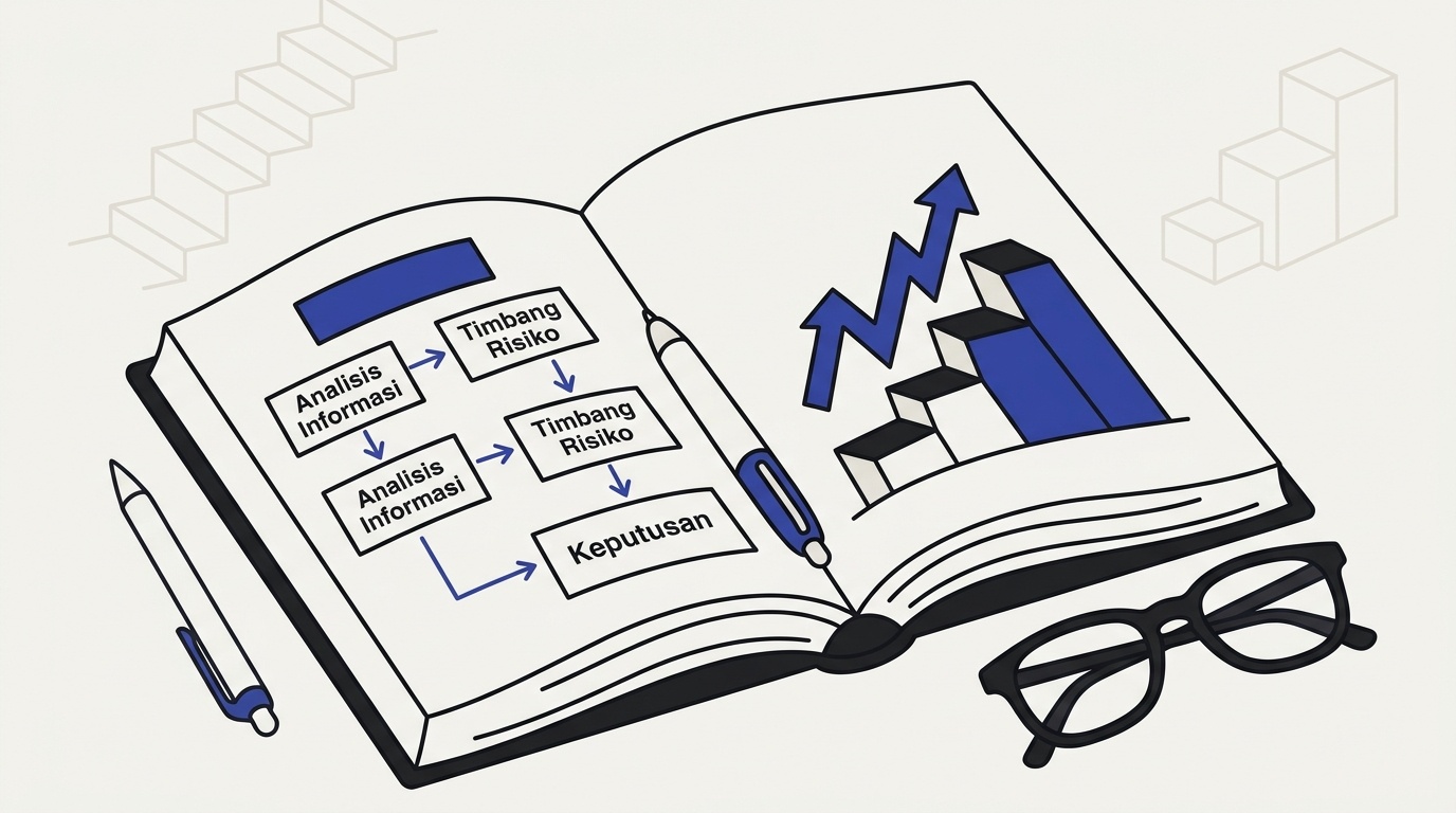 Ilustrasi buku terbuka dan pena bertema literasi finansial dengan latar bone-white dan aksen indigo